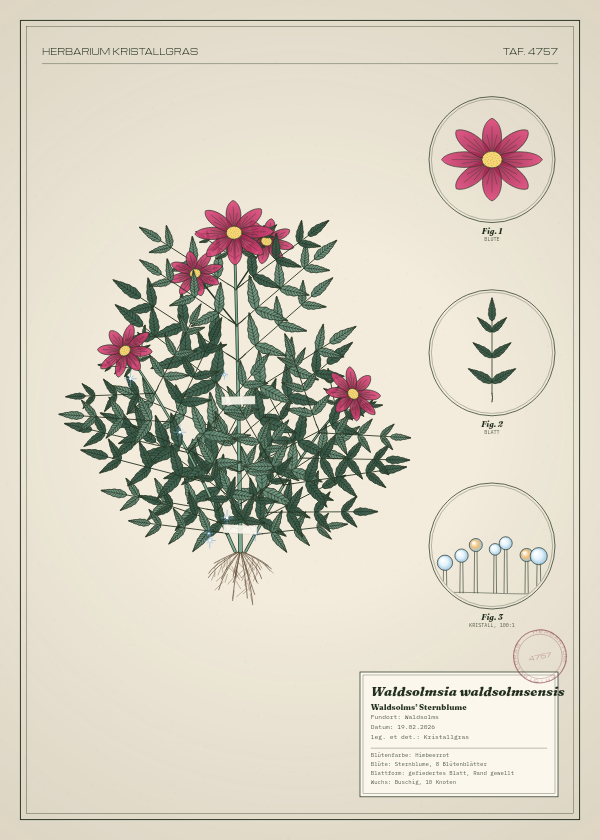 Botanische Tafel: Waldsolmsia waldsolmsensis, eine erfundene Pflanze aus Waldsolms, gezeichnet wie in einem alten Pflanzenatlas