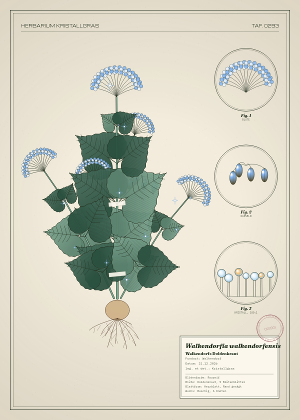 Botanische Tafel: Walkendorfia walkendorfensis, eine erfundene Pflanze aus Walkendorf, gezeichnet wie in einem alten Pflanzenatlas