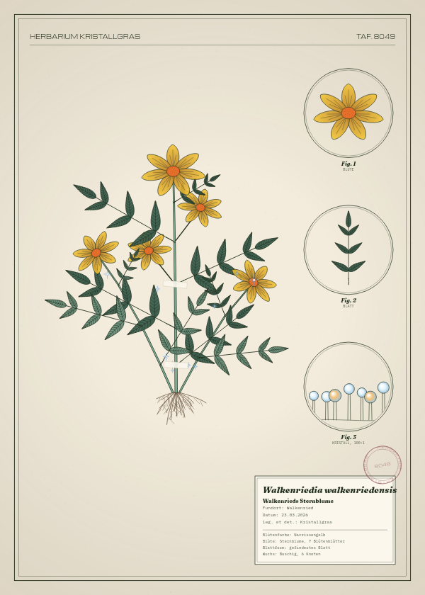 Botanische Tafel: Walkenriedia walkenriedensis, eine erfundene Pflanze aus Walkenried, gezeichnet wie in einem alten Pflanzenatlas
