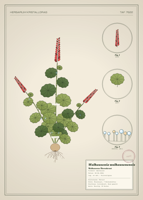 Botanische Tafel: Walhausenia walhausenensis, eine erfundene Pflanze aus Walhausen, gezeichnet wie in einem alten Pflanzenatlas