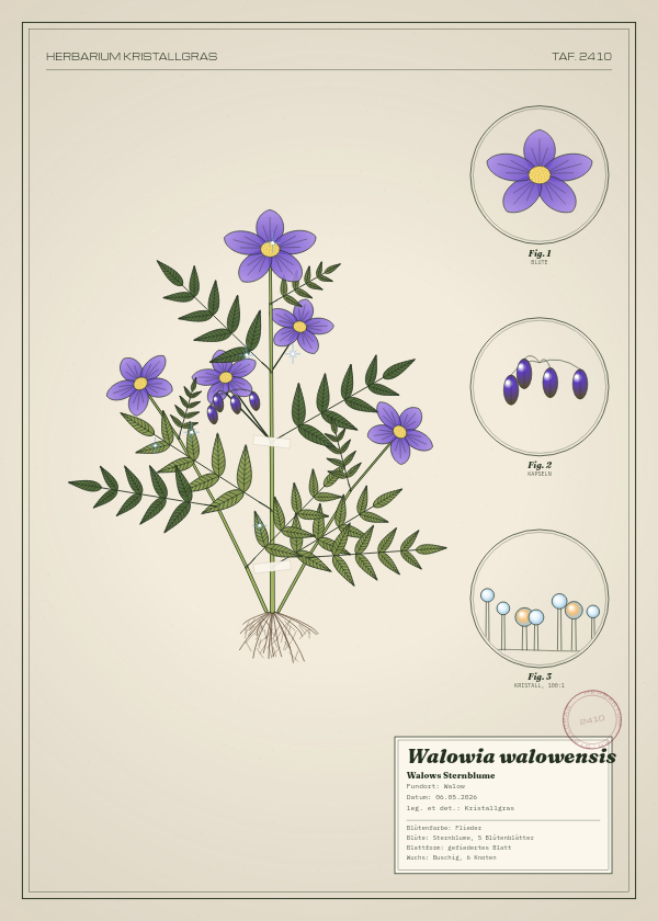 Botanische Tafel: Walowia walowensis, eine erfundene Pflanze aus Walow, gezeichnet wie in einem alten Pflanzenatlas