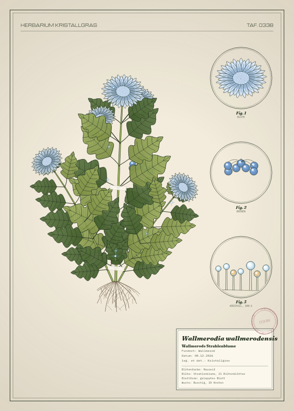 Botanische Tafel: Wallmerodia wallmerodensis, eine erfundene Pflanze aus Wallmerod, gezeichnet wie in einem alten Pflanzenatlas