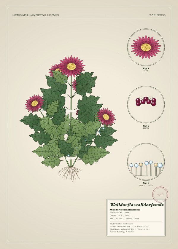 Botanische Tafel: Walldorfia walldorfensis, eine erfundene Pflanze aus Walldorf, gezeichnet wie in einem alten Pflanzenatlas