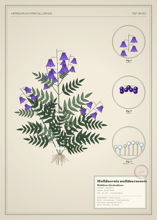 Botanische Tafel: Wallduernia wallduernensis, eine erfundene Pflanze aus Walldürn, gezeichnet wie in einem alten Pflanzenatlas