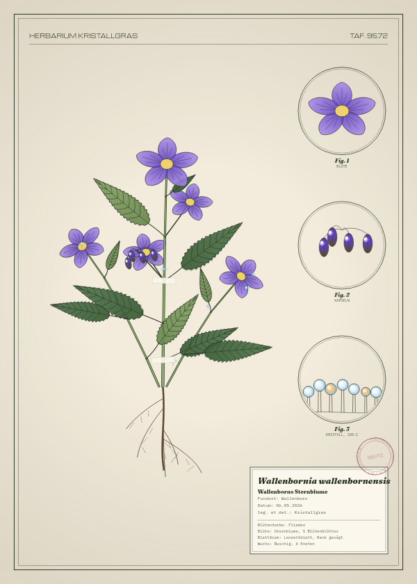Botanische Tafel: Wallenbornia wallenbornensis, eine erfundene Pflanze aus Wallenborn, gezeichnet wie in einem alten Pflanzenatlas