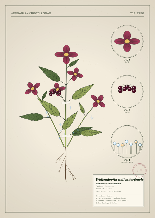 Botanische Tafel: Wallendorfia wallendorfensis, eine erfundene Pflanze aus Wallendorf, gezeichnet wie in einem alten Pflanzenatlas