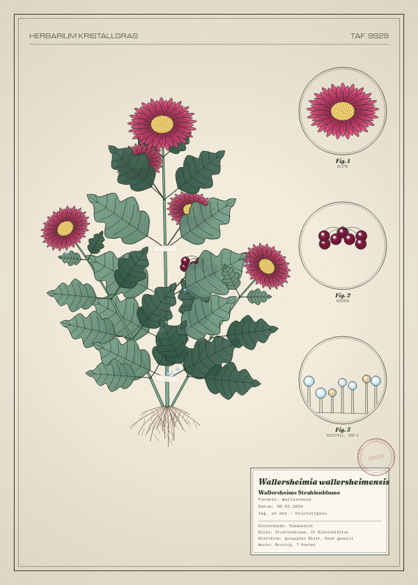 Botanische Tafel: Wallersheimia wallersheimensis, eine erfundene Pflanze aus Wallersheim, gezeichnet wie in einem alten Pflanzenatlas