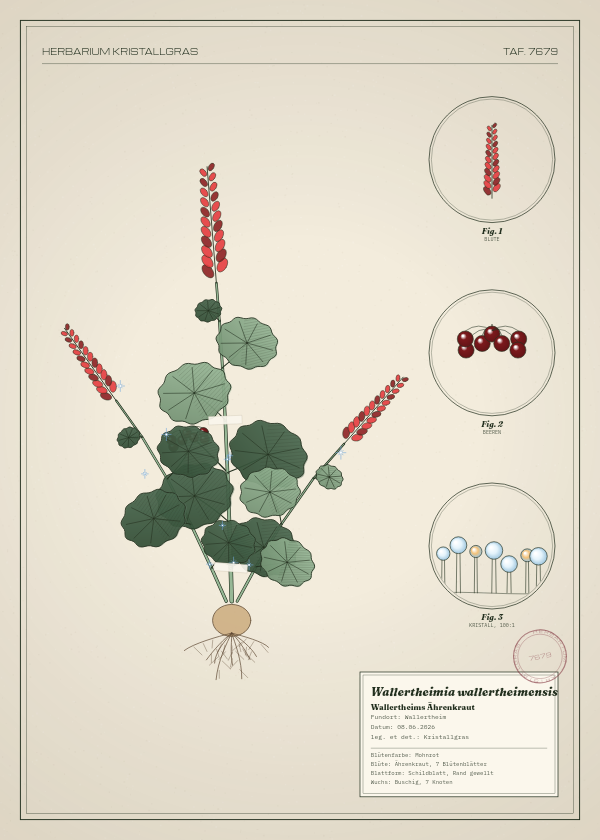 Botanische Tafel: Wallertheimia wallertheimensis, eine erfundene Pflanze aus Wallertheim, gezeichnet wie in einem alten Pflanzenatlas