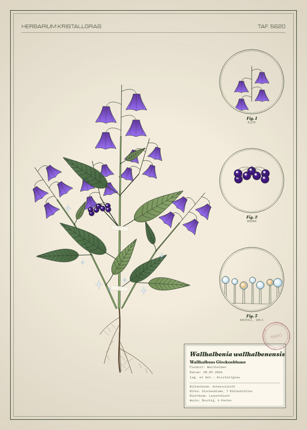 Botanische Tafel: Wallhalbenia wallhalbenensis, eine erfundene Pflanze aus Wallhalben, gezeichnet wie in einem alten Pflanzenatlas