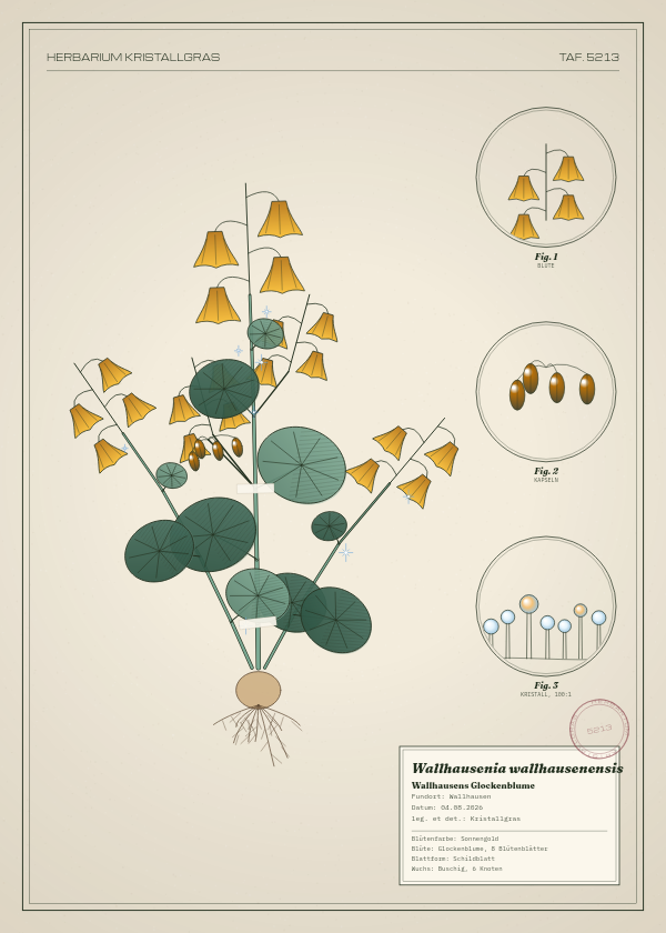 Botanische Tafel: Wallhausenia wallhausenensis, eine erfundene Pflanze aus Wallhausen, gezeichnet wie in einem alten Pflanzenatlas