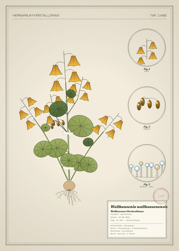 Botanische Tafel: Wallhausenia wallhausenensis, eine erfundene Pflanze aus Wallhausen, gezeichnet wie in einem alten Pflanzenatlas