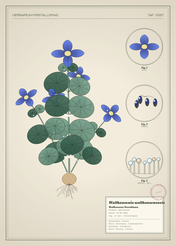 Botanische Tafel: Wallhausenia wallhausenensis, eine erfundene Pflanze aus Wallhausen, gezeichnet wie in einem alten Pflanzenatlas