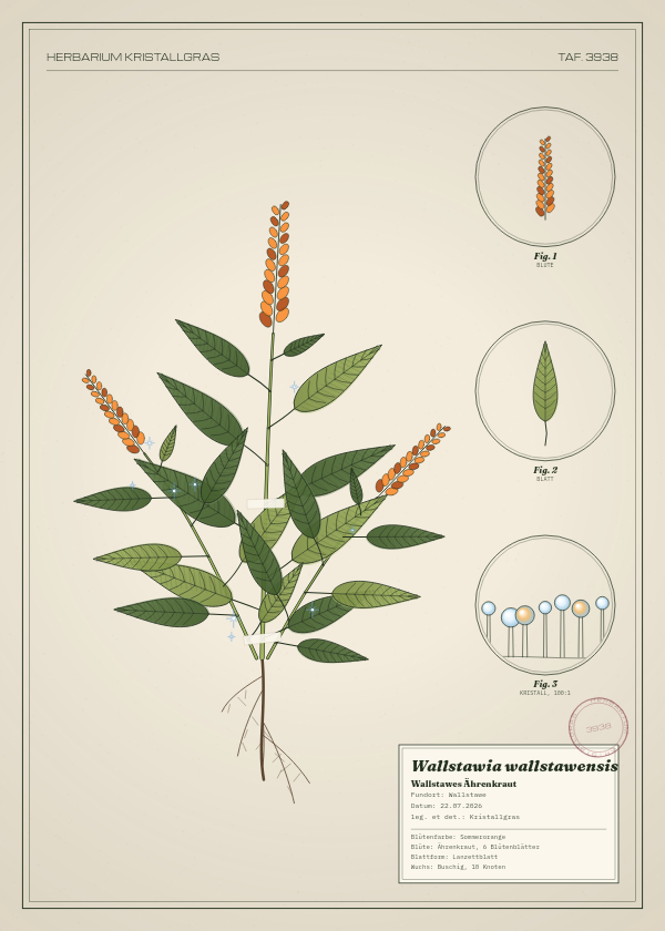 Botanische Tafel: Wallstawia wallstawensis, eine erfundene Pflanze aus Wallstawe, gezeichnet wie in einem alten Pflanzenatlas