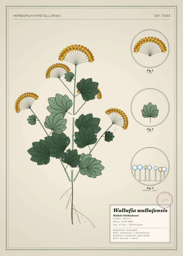 Botanische Tafel: Wallufia wallufensis, eine erfundene Pflanze aus Walluf, gezeichnet wie in einem alten Pflanzenatlas
