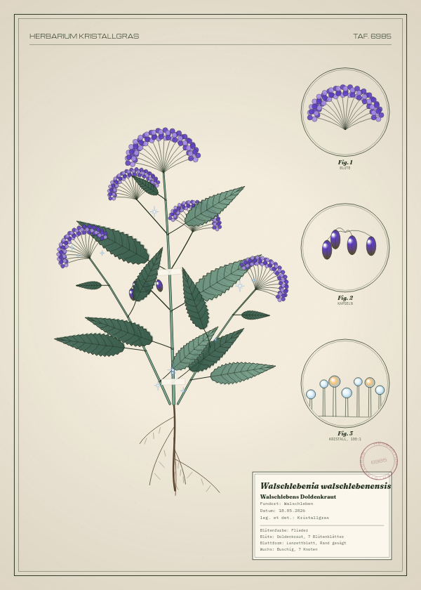 Botanische Tafel: Walschlebenia walschlebenensis, eine erfundene Pflanze aus Walschleben, gezeichnet wie in einem alten Pflanzenatlas