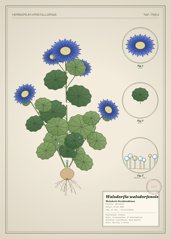Botanische Tafel: Walsdorfia walsdorfensis, eine erfundene Pflanze aus Walsdorf, gezeichnet wie in einem alten Pflanzenatlas