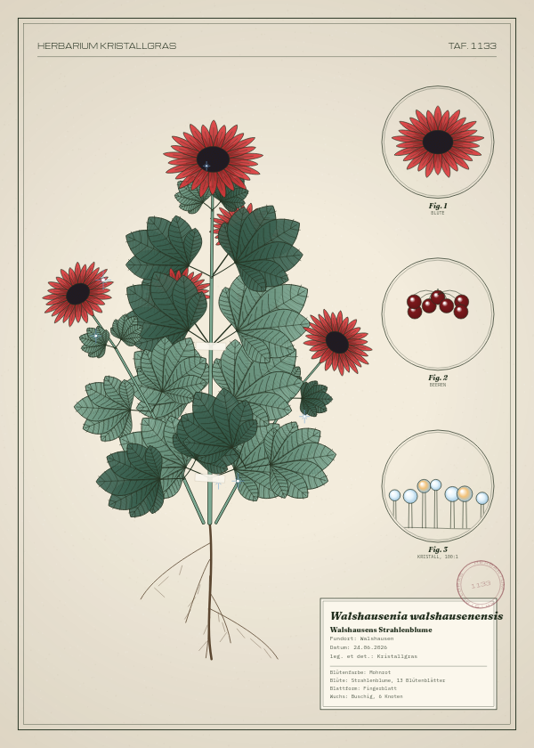 Botanische Tafel: Walshausenia walshausenensis, eine erfundene Pflanze aus Walshausen, gezeichnet wie in einem alten Pflanzenatlas