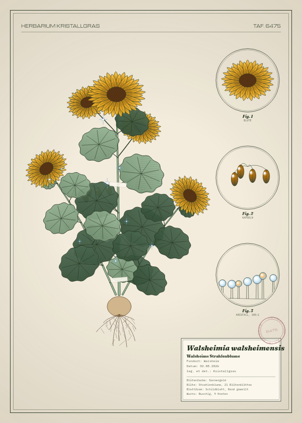 Botanische Tafel: Walsheimia walsheimensis, eine erfundene Pflanze aus Walsheim, gezeichnet wie in einem alten Pflanzenatlas