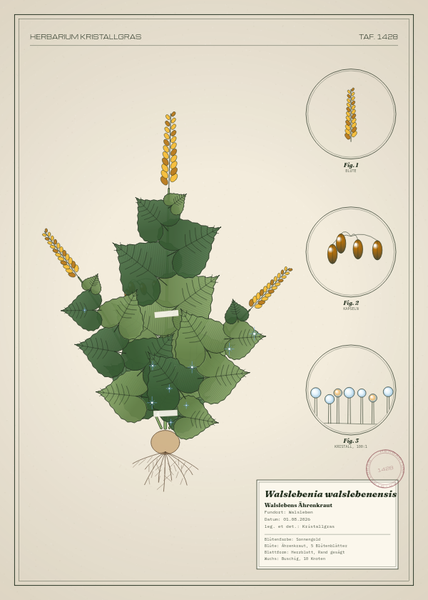 Botanische Tafel: Walslebenia walslebenensis, eine erfundene Pflanze aus Walsleben, gezeichnet wie in einem alten Pflanzenatlas