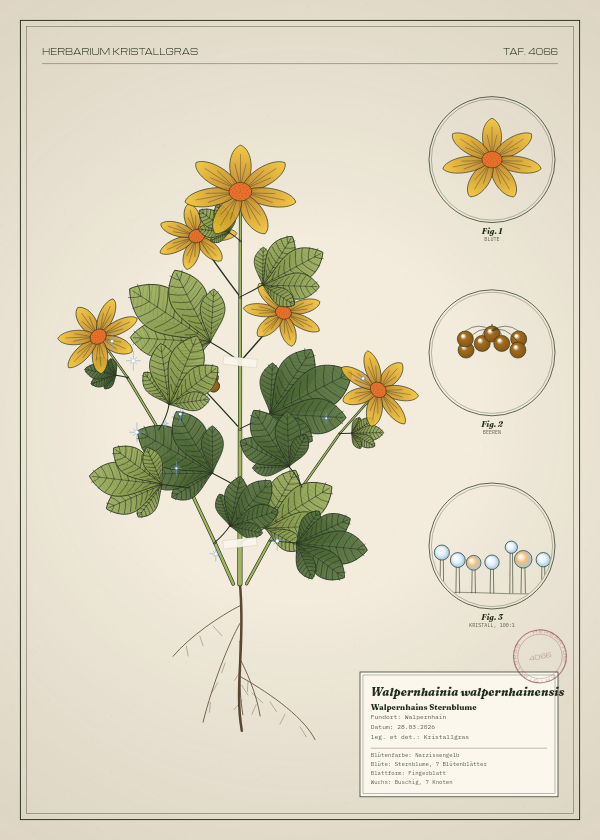 Botanische Tafel: Walpernhainia walpernhainensis, eine erfundene Pflanze aus Walpernhain, gezeichnet wie in einem alten Pflanzenatlas