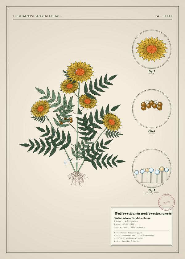 Botanische Tafel: Walterschenia walterschenensis, eine erfundene Pflanze aus Walterschen, gezeichnet wie in einem alten Pflanzenatlas