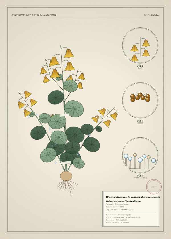 Botanische Tafel: Waltershausenia waltershausenensis, eine erfundene Pflanze aus Waltershausen, gezeichnet wie in einem alten Pflanzenatlas