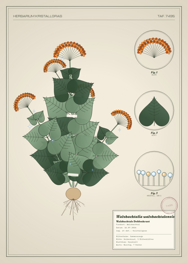 Botanische Tafel: Walzbachtalia walzbachtalensis, eine erfundene Pflanze aus Walzbachtal, gezeichnet wie in einem alten Pflanzenatlas