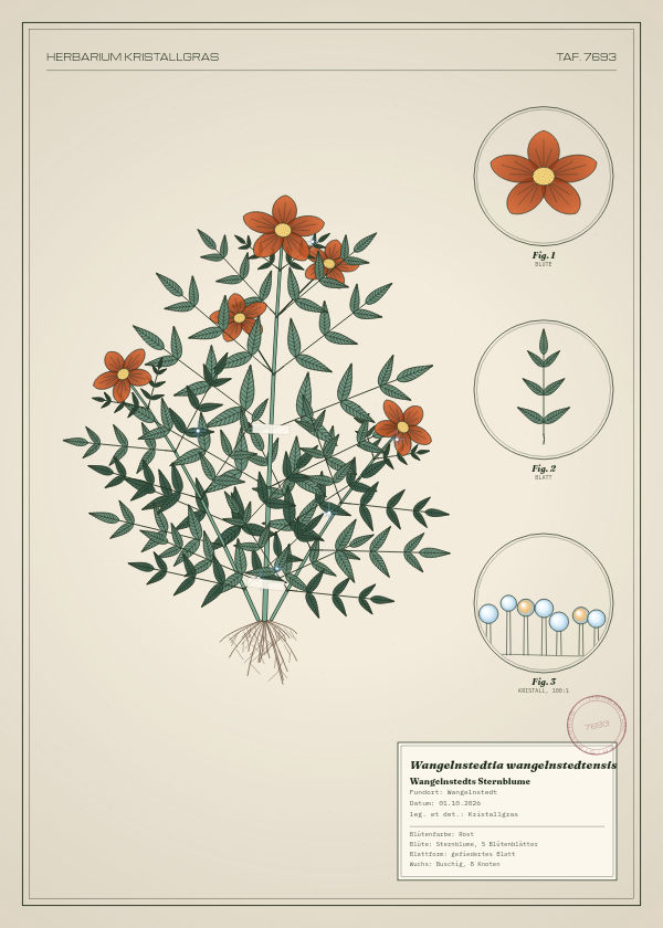 Botanische Tafel: Wangelnstedtia wangelnstedtensis, eine erfundene Pflanze aus Wangelnstedt, gezeichnet wie in einem alten Pflanzenatlas