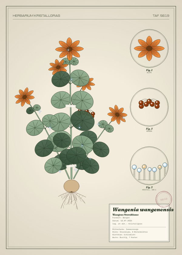 Botanische Tafel: Wangenia wangenensis, eine erfundene Pflanze aus Wangen, gezeichnet wie in einem alten Pflanzenatlas