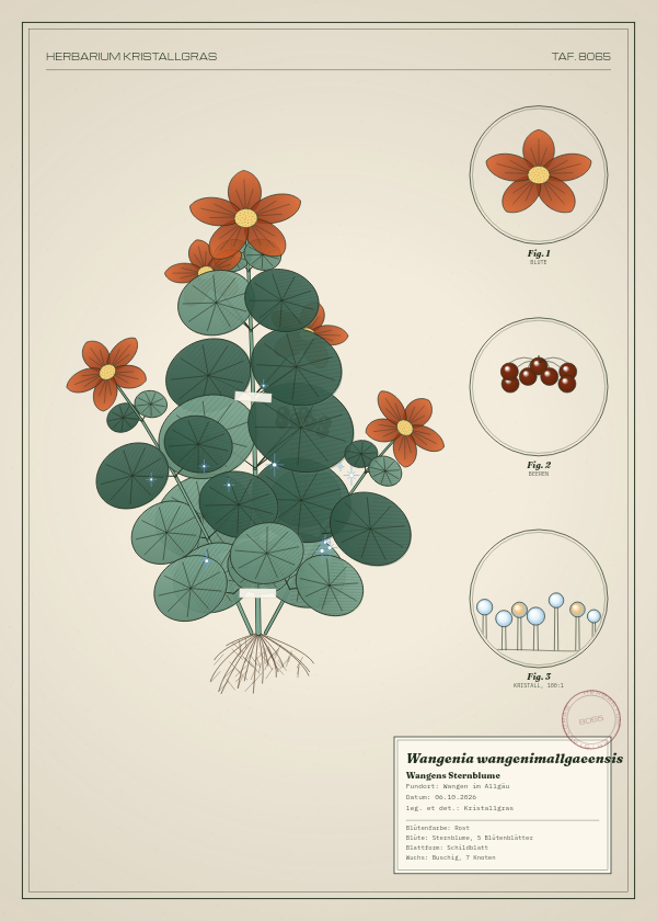 Botanische Tafel: Wangenia wangenimallgaeensis, eine erfundene Pflanze aus Wangen im Allgäu, gezeichnet wie in einem alten Pflanzenatlas