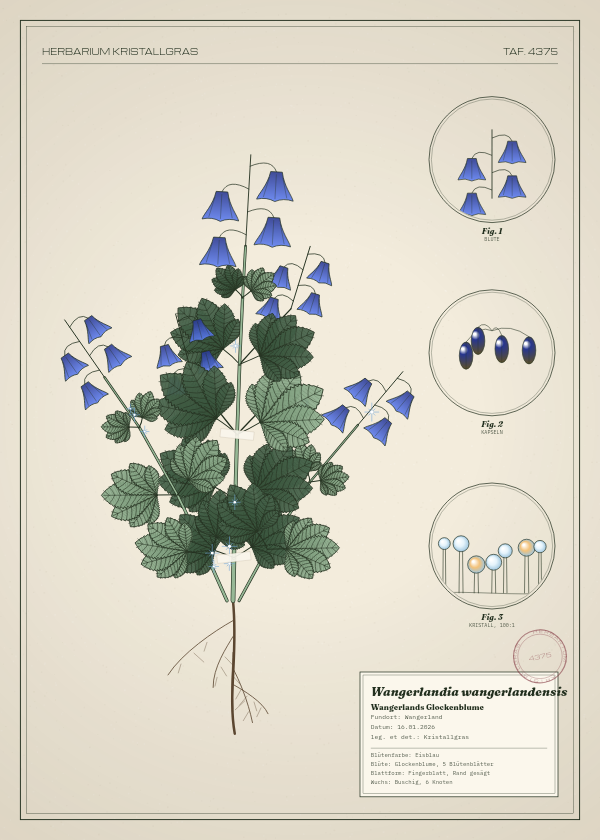Botanische Tafel: Wangerlandia wangerlandensis, eine erfundene Pflanze aus Wangerland, gezeichnet wie in einem alten Pflanzenatlas