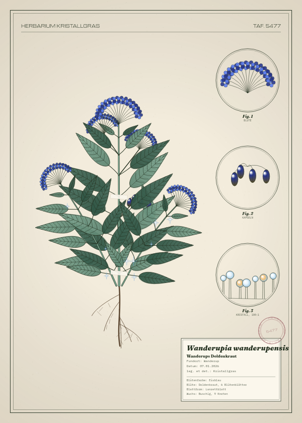 Botanische Tafel: Wanderupia wanderupensis, eine erfundene Pflanze aus Wanderup, gezeichnet wie in einem alten Pflanzenatlas