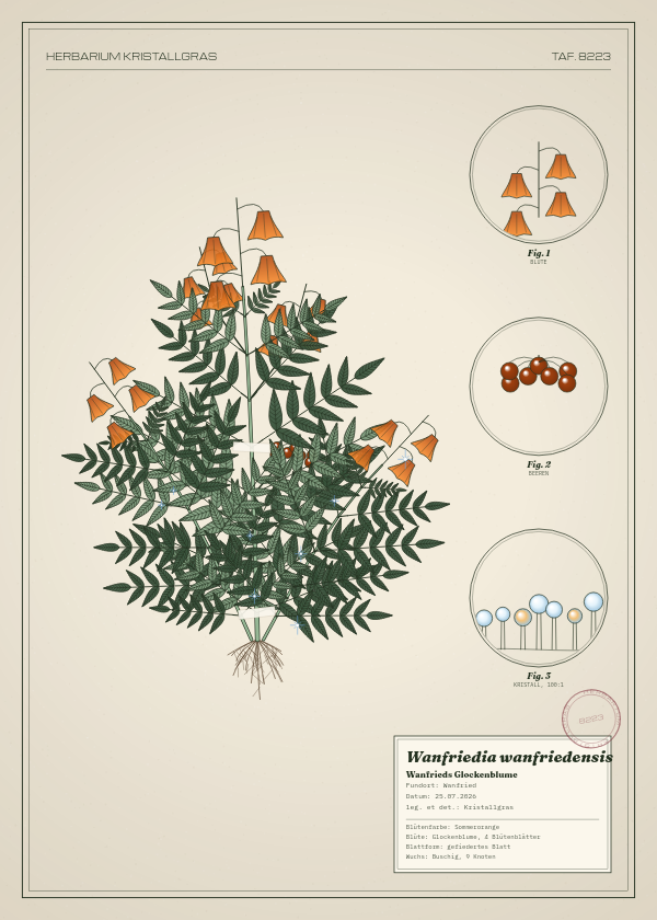 Botanische Tafel: Wanfriedia wanfriedensis, eine erfundene Pflanze aus Wanfried, gezeichnet wie in einem alten Pflanzenatlas