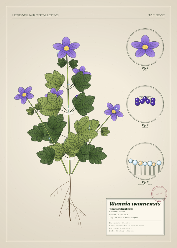 Botanische Tafel: Wannia wannensis, eine erfundene Pflanze aus Wanna, gezeichnet wie in einem alten Pflanzenatlas