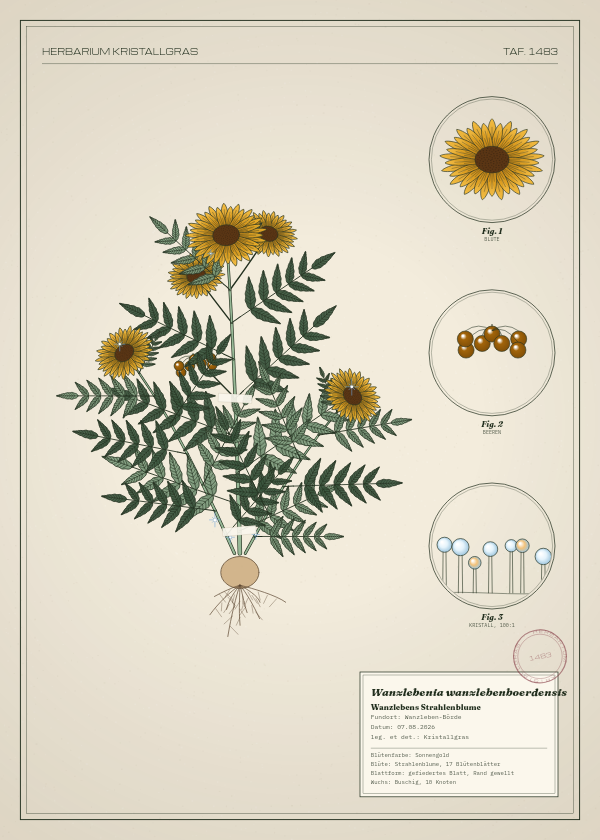 Botanische Tafel: Wanzlebenia wanzlebenboerdensis, eine erfundene Pflanze aus Wanzleben-Börde, gezeichnet wie in einem alten Pflanzenatlas