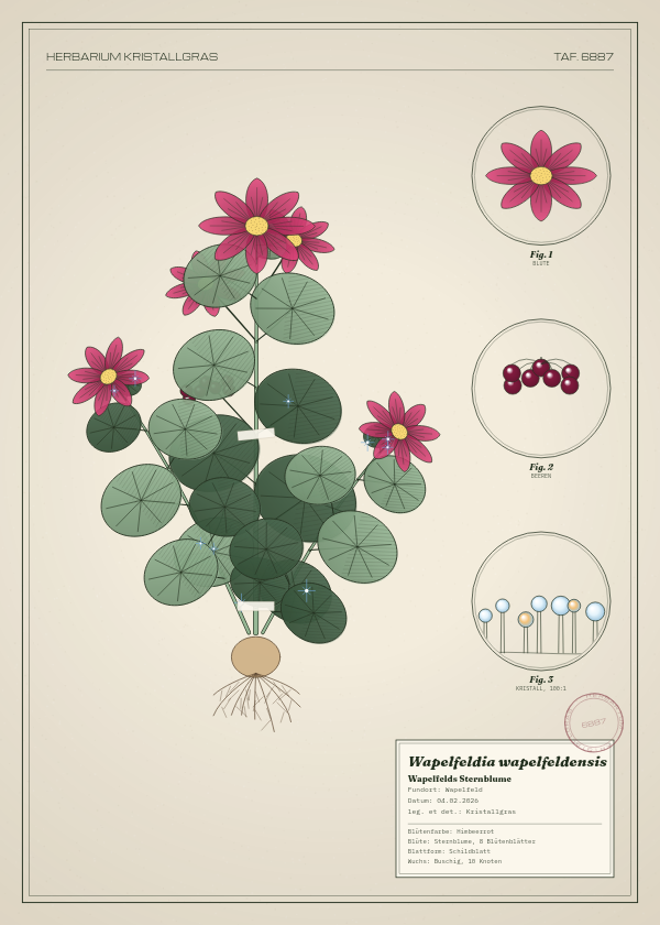 Botanische Tafel: Wapelfeldia wapelfeldensis, eine erfundene Pflanze aus Wapelfeld, gezeichnet wie in einem alten Pflanzenatlas