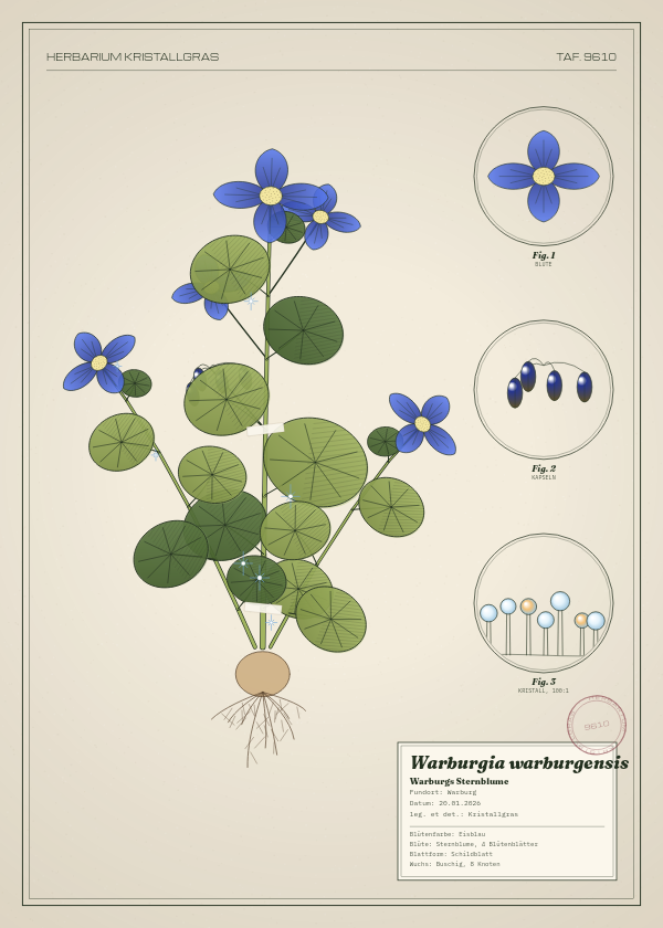 Botanische Tafel: Warburgia warburgensis, eine erfundene Pflanze aus Warburg, gezeichnet wie in einem alten Pflanzenatlas