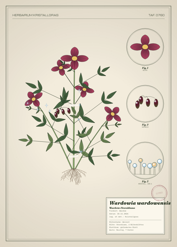 Botanische Tafel: Wardowia wardowensis, eine erfundene Pflanze aus Wardow, gezeichnet wie in einem alten Pflanzenatlas
