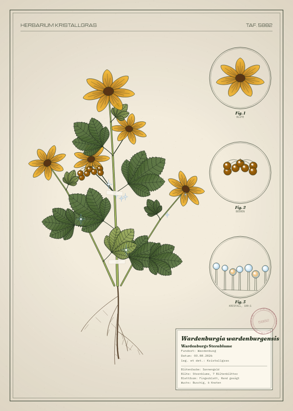 Botanische Tafel: Wardenburgia wardenburgensis, eine erfundene Pflanze aus Wardenburg, gezeichnet wie in einem alten Pflanzenatlas