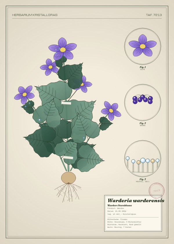 Botanische Tafel: Warderia warderensis, eine erfundene Pflanze aus Warder, gezeichnet wie in einem alten Pflanzenatlas