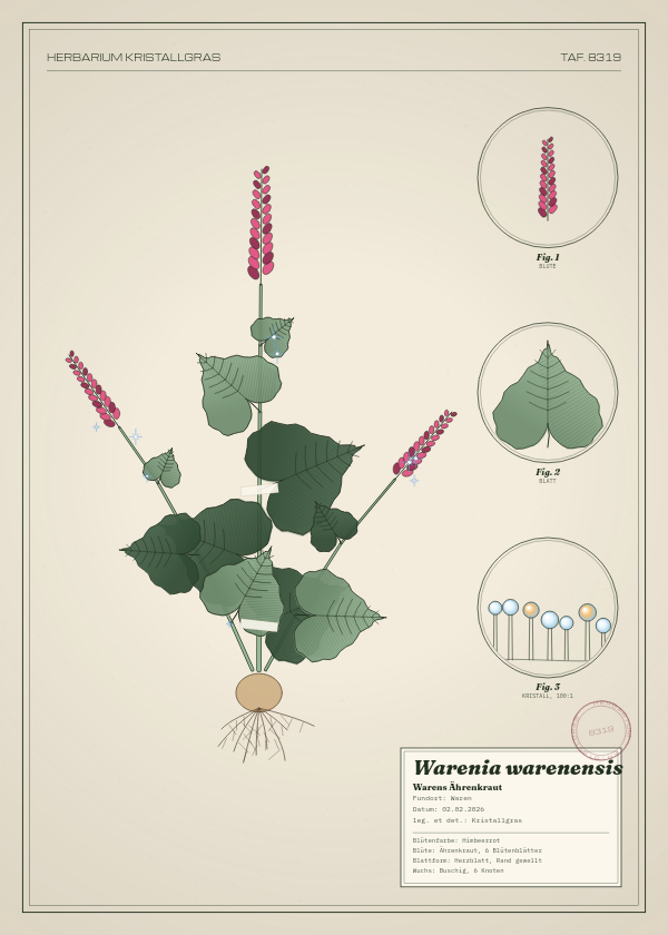 Botanische Tafel: Warenia warenensis, eine erfundene Pflanze aus Waren, gezeichnet wie in einem alten Pflanzenatlas
