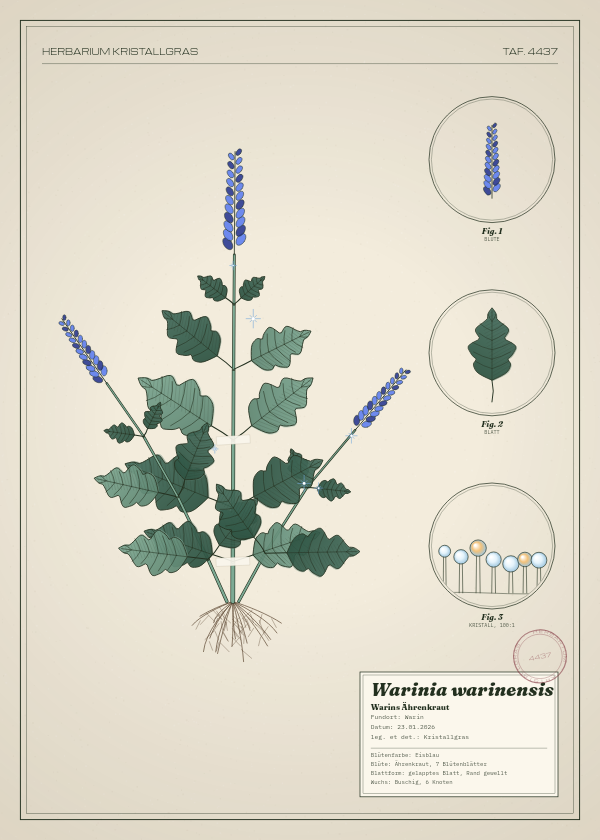 Botanische Tafel: Warinia warinensis, eine erfundene Pflanze aus Warin, gezeichnet wie in einem alten Pflanzenatlas