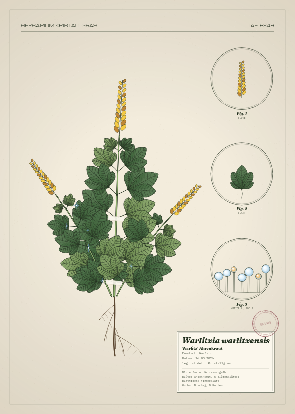 Botanische Tafel: Warlitzia warlitzensis, eine erfundene Pflanze aus Warlitz, gezeichnet wie in einem alten Pflanzenatlas