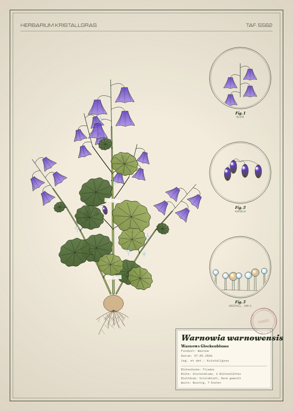 Botanische Tafel: Warnowia warnowensis, eine erfundene Pflanze aus Warnow, gezeichnet wie in einem alten Pflanzenatlas