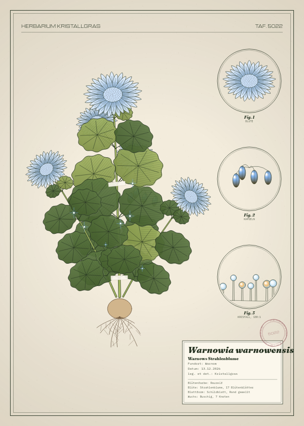 Botanische Tafel: Warnowia warnowensis, eine erfundene Pflanze aus Warnow, gezeichnet wie in einem alten Pflanzenatlas