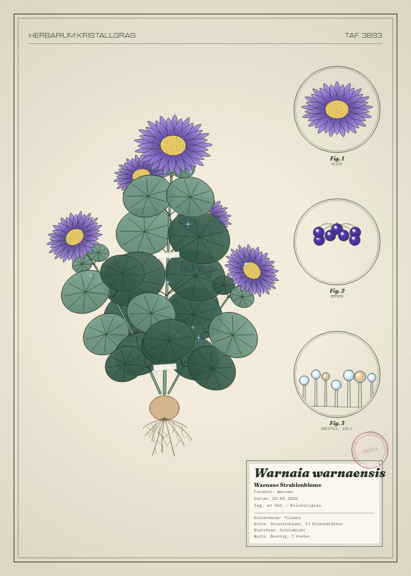 Botanische Tafel: Warnaia warnaensis, eine erfundene Pflanze aus Warnau, gezeichnet wie in einem alten Pflanzenatlas
