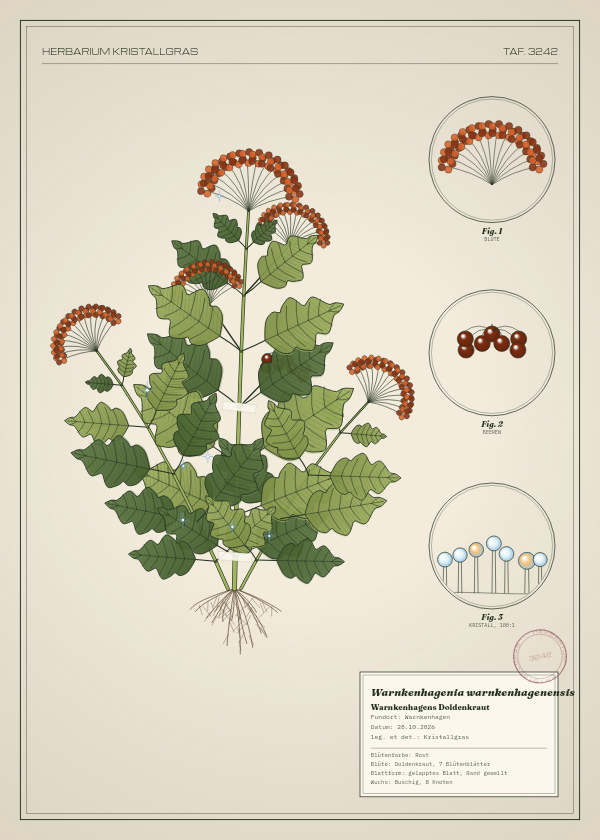 Botanische Tafel: Warnkenhagenia warnkenhagenensis, eine erfundene Pflanze aus Warnkenhagen, gezeichnet wie in einem alten Pflanzenatlas