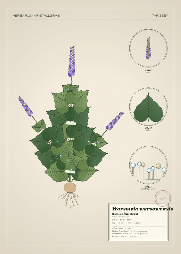 Botanische Tafel: Warsowia warsowensis, eine erfundene Pflanze aus Warsow, gezeichnet wie in einem alten Pflanzenatlas