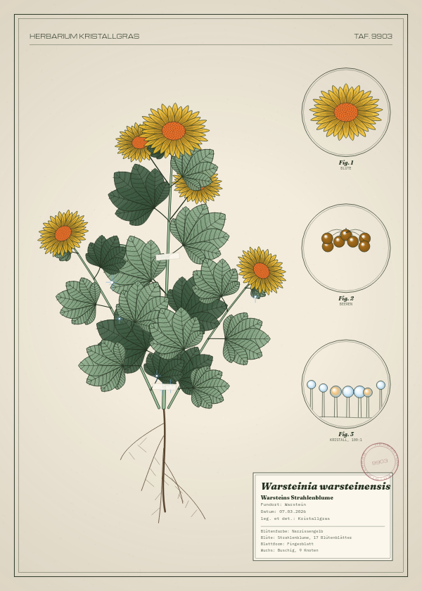 Botanische Tafel: Warsteinia warsteinensis, eine erfundene Pflanze aus Warstein, gezeichnet wie in einem alten Pflanzenatlas