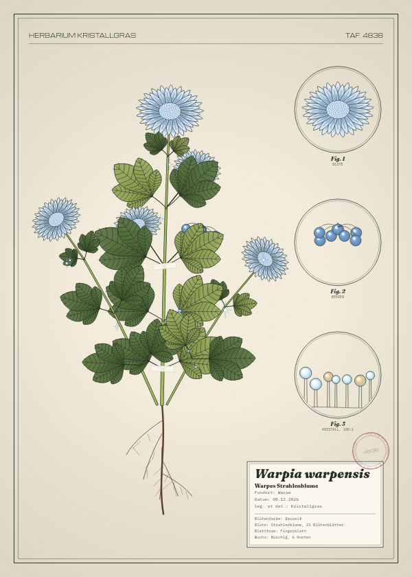 Botanische Tafel: Warpia warpensis, eine erfundene Pflanze aus Warpe, gezeichnet wie in einem alten Pflanzenatlas